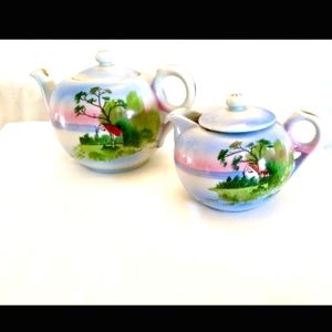 Antique 1920s Hand Painted Porcelain Teapot and Creamer with Lids from Japan